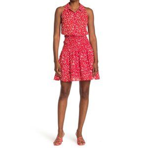 19 COOPER Red Multi Floral Smocked Collar Dress Sleeveless Tiered Womens Large L